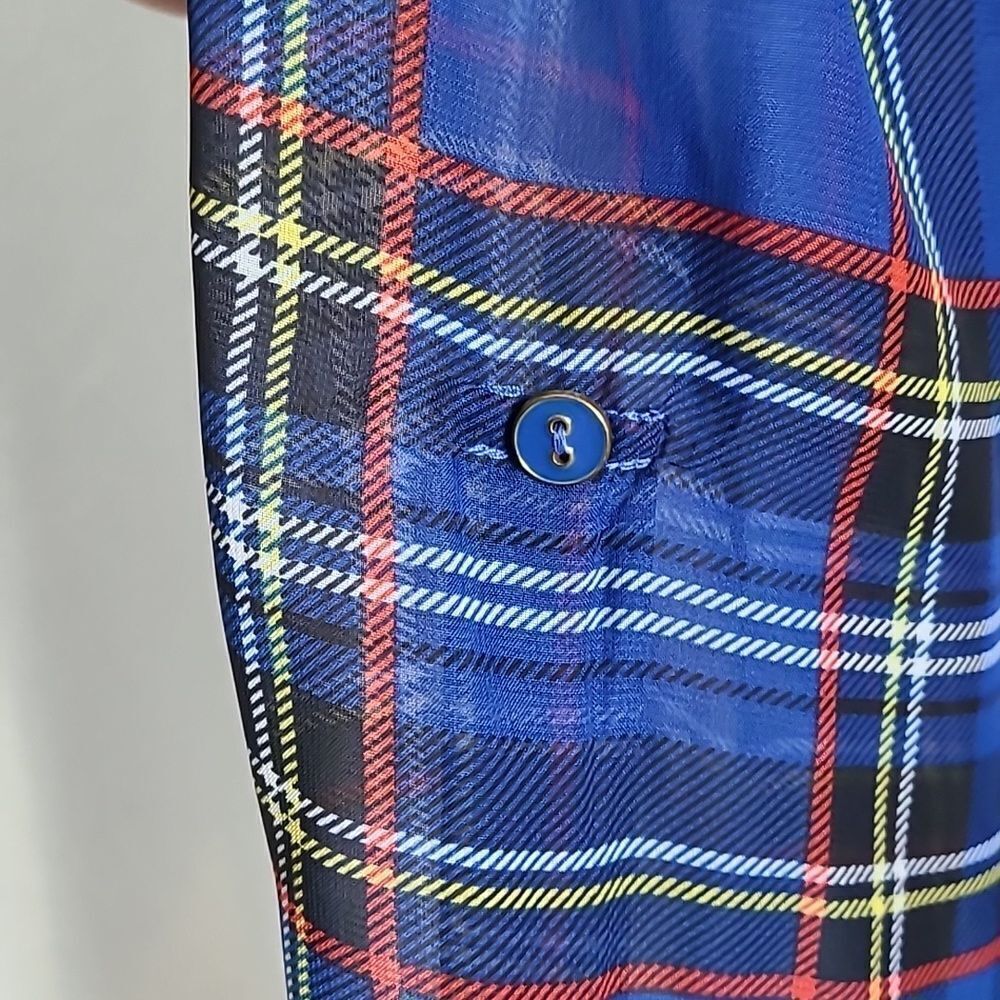 E hangar M Royal Blue Plaid Sheer Top w/Gold Accent Neckline, Size Large - Picture 6 of 11